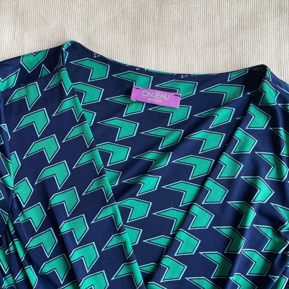Onjenu London Stretchy Draped Geometric Pattern Blue Green Faux Wrap Dress Sz 10 - Picture 4 of 6